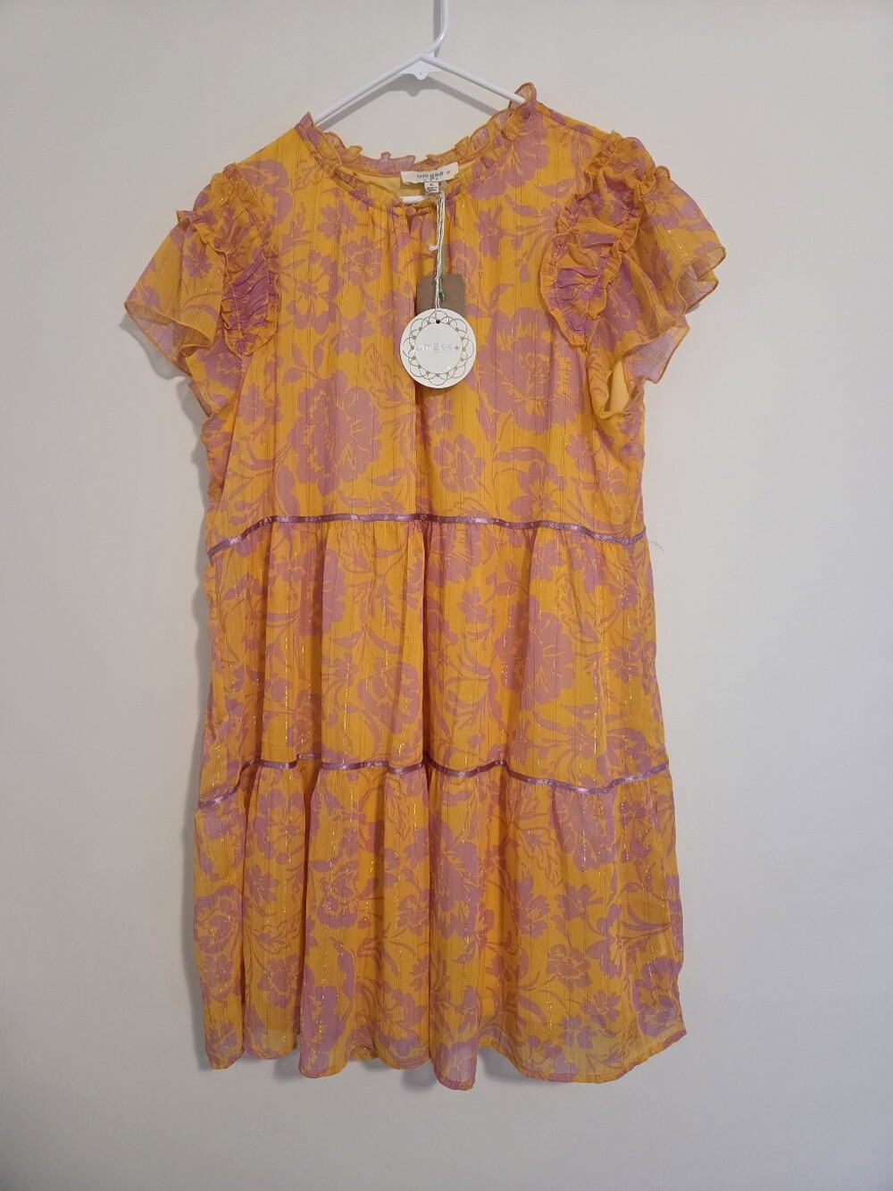 Umgee Orange And  Pink Floral Tiered Mini Dress NEW